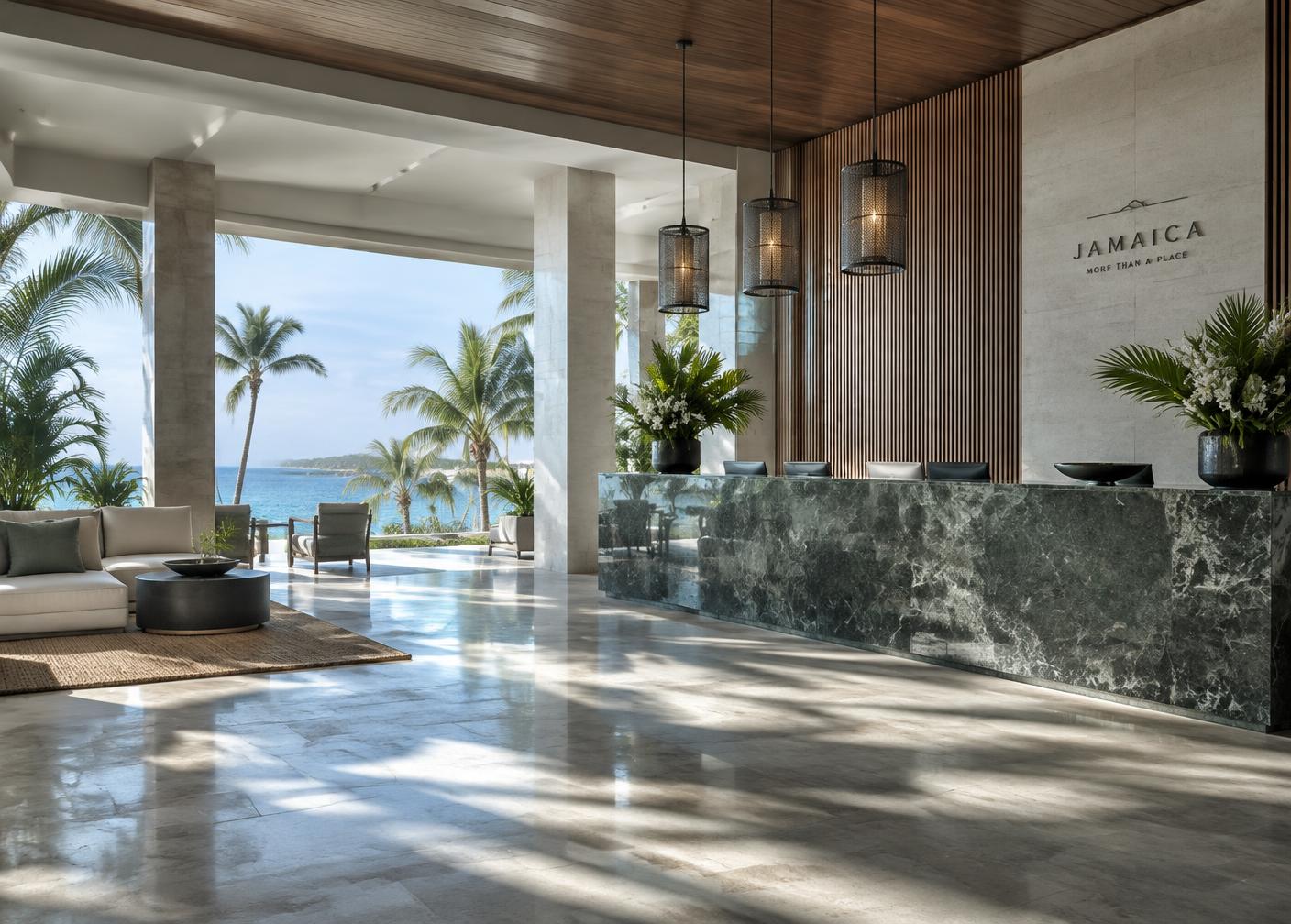 Open-air resort hotel reception with ocean view